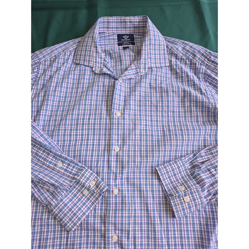 Dockers Mens Fitted Stretch Collar Plaid Button Down Shirt Blue Purple Large